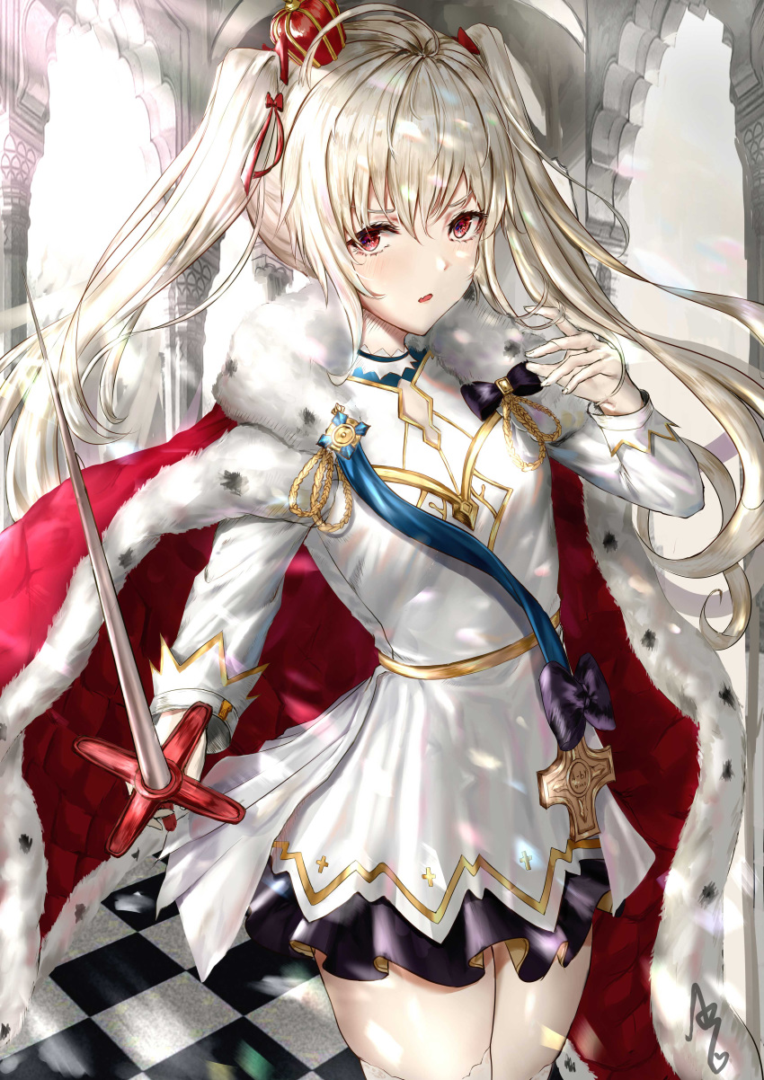 1girl a-by absurdres ahoge azur_lane cape checkered checkered_floor commentary crown dress fur_cape gloves highres holding holding_sword holding_weapon long_hair looking_at_viewer mini_crown parted_lips saber_(weapon) shade solo sunlight sword thighhighs twintails valiant_(azur_lane) weapon white_dress white_gloves white_hair white_legwear zettai_ryouiki