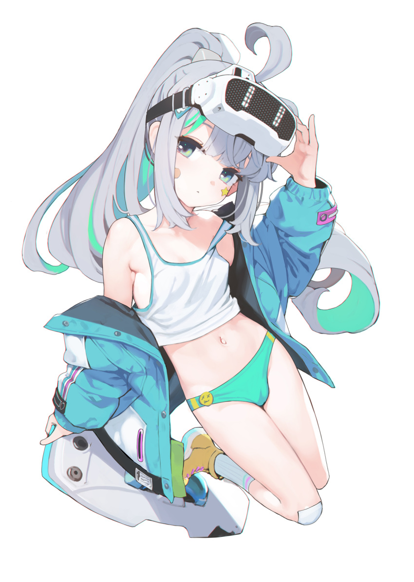 1girl ahoge ataruman bandage_on_knee bandaid bandaid_on_cheek bandaid_on_face blue_jacket breasts closed_mouth crop_top epinel_(nikke) goddess_of_victory:_nikke green_eyes green_hair green_panties head-mounted_display highres holding holding_skateboard hood hood_down hoodie jacket long_hair looking_at_viewer midriff multicolored_hair navel off_shoulder open_clothes open_jacket panties ponytail shoes simple_background skateboard small_breasts sneakers socks solo star_sticker sticker_on_face strap_slip tank_top two-tone_hair underwear white_background white_socks white_tank_top yellow_footwear