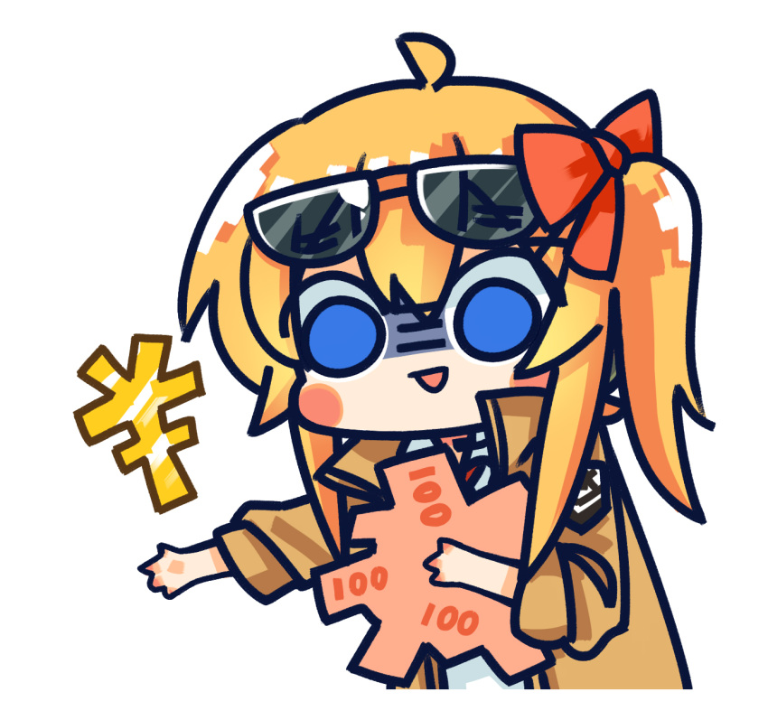 1girl ahoge blue_eyes blush_stickers brown_jacket chibi chinese_commentary commentary_request eyewear_on_head girls'_frontline hair_between_eyes hair_ribbon highres holding holding_money jacket kalina_(girls'_frontline) long_hair long_sleeves money official_art open_mouth orange_hair outstretched_arm red_ribbon ribbon shaded_face shirt side_ponytail simple_background smile solo su_xiao_jei sunglasses upper_body white_background white_shirt yen_sign