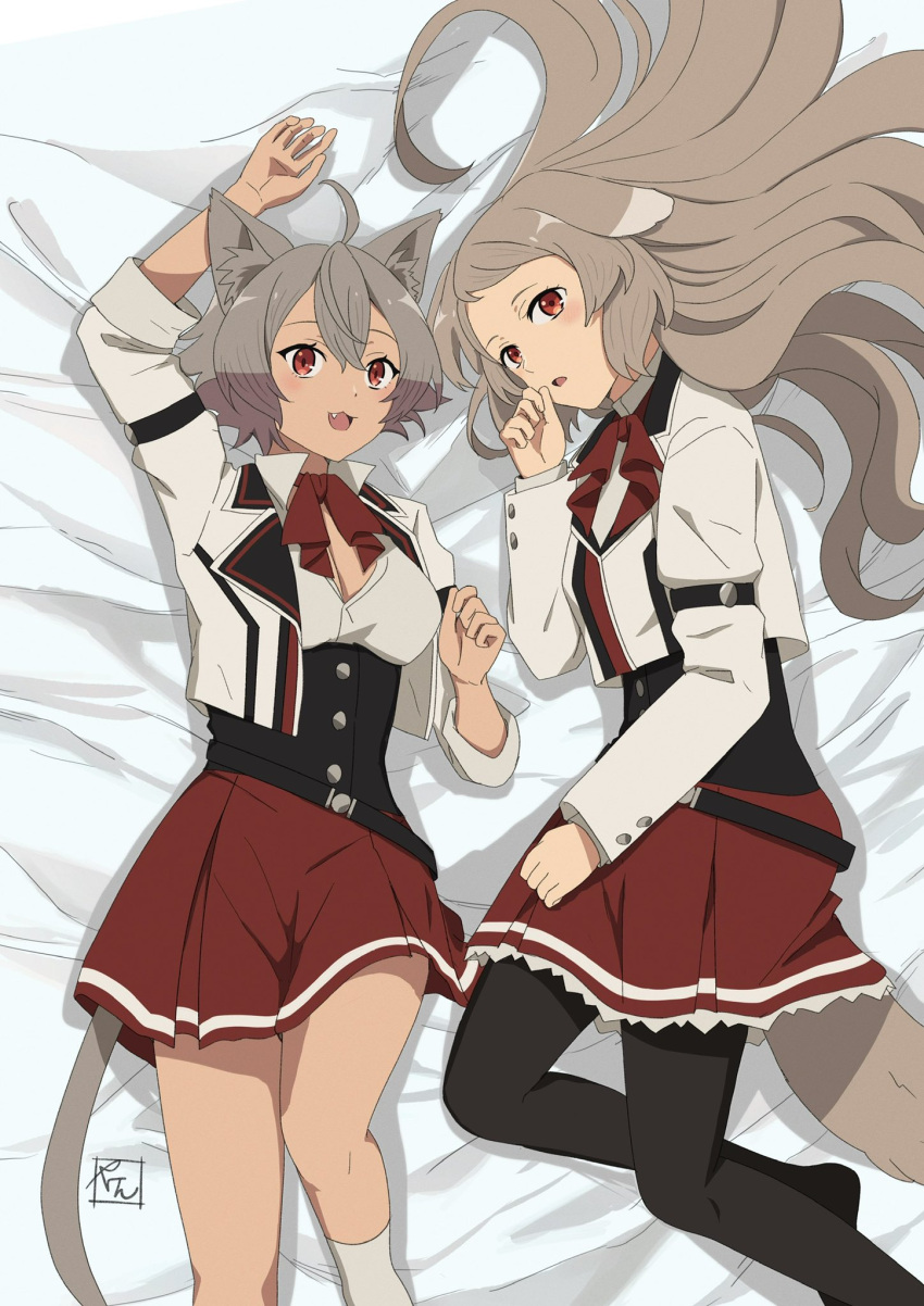 2girls :3 :d :o arm_up ascot bed belt black_belt black_pantyhose cat_girl commentary_request dog_girl fang feet_out_of_frame hand_up highres jacket light_brown_hair long_hair long_sleeves looking_at_viewer lying multiple_girls mushoku_tensei on_back pantyhose pursena_adoldia ranoa_magic_academy_school_uniform red_ascot red_eyes red_skirt rinia_dedoldia school_uniform shirt short_hair signature skirt smile socks thighs white_jacket white_shirt white_socks yaken_(11keionnota06)