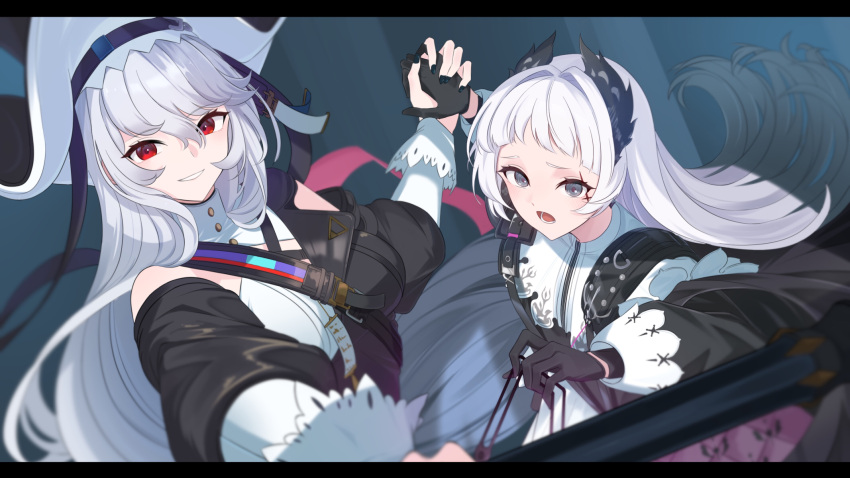 2girls arknights black_dress black_gloves black_headwear black_sleeves breasts detached_sleeves dress gloves grey_eyes grey_hair hat head_wings heichi highres holding holding_hands irene_(arknights) letterboxed long_hair long_sleeves looking_at_viewer lower_teeth_only medium_breasts multicolored_clothes multicolored_dress multiple_girls nail_polish official_alternate_costume open_mouth pink_dress red_eyes scar scar_across_eye smile specter_(arknights) specter_the_unchained_(arknights) teeth upper_body very_long_hair white_dress white_hair wings