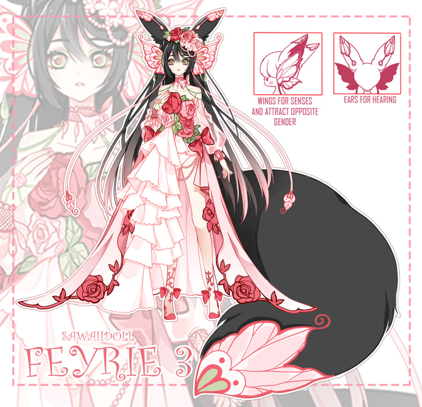 1girl adoptable animal_ears antennae artist_name bare_shoulders black_hair bow bow_legwear bowtie butterfly_wings choker collarbone colored_tips commentary dotted_line dress dress_flower english_commentary english_text floral_print flower fox_ears fox_tail full_body green_eyes head_wings high_heels insect_wings lace-trimmed_choker lace-trimmed_sleeves lace_trim large_tail leaf long_dress long_hair long_sleeves looking_at_viewer multicolored_hair original outline parted_lips pink_bow pink_bowtie pink_choker pink_dress pink_flower pink_hair pink_rose pink_sleeves puffy_long_sleeves puffy_sleeves red_bow red_eyes red_flower red_footwear red_rose red_wings rose rose_print sawaiidoll see-through see-through_sleeves simple_background single_bare_leg solo straight-on strapless strapless_dress tail two-tone_eyes very_long_hair white_background white_outline wings