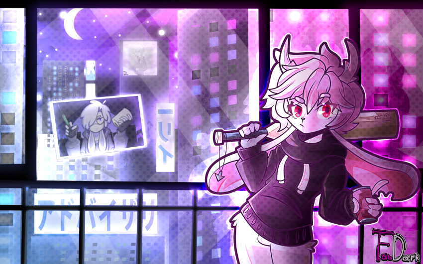 banner baseball_bat furry fzst highres holding holding_baseball_bat indie_virtual_youtuber jackalope mexico night non-web_source otoko_no_ko pink_fur purple_sky rabbit red_eyes sky soda_bottle sweater tsundere youtube