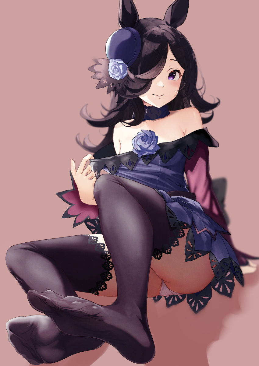1girl absurdres animal_ears arm_support bare_shoulders black_hair black_thighhighs blue_flower blue_headwear blue_rose brown_background choker closed_mouth clothes_pull dress dress_pull flower full_body fuwamozzi hair_flower hair_ornament hair_over_one_eye hashtag_only_commentary highres horse_ears horse_girl knees_up long_hair long_sleeves looking_at_viewer off-shoulder_dress off_shoulder panties pulled_by_self purple_choker purple_dress purple_eyes purple_flower purple_rose rice_shower_(umamusume) rose sitting smile soles solo thighhighs umamusume underwear white_panties
