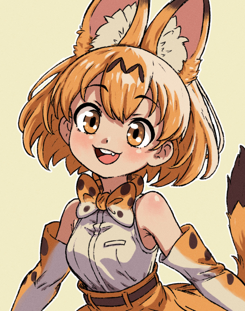 1girl :d animal_ear_fluff animal_ears bare_shoulders beachepisode belt blonde_hair bow bowtie brown_eyes elbow_gloves fang gloves grey_background high-waist_skirt highres kemono_friends looking_at_viewer round_teeth serval_(kemono_friends) serval_print shirt shirt_tucked_in simple_background skirt sleeveless sleeveless_shirt smile solo tail tareme teeth upper_teeth_only white_shirt