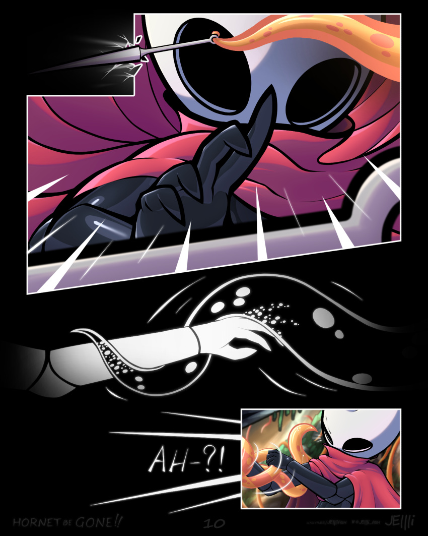 2023 4:5 arthropod black_body clothed clothing comic detailed_background digital_drawing_(artwork) digital_media_(artwork) female hi_res hollow_knight hornet_(hollow_knight) humanoid jellli looking_at_viewer motion_lines outstretched_arm plant red_cloak rock shaded solo team_cherry tentacle_grab tentacles tentacles_around_arms weapon