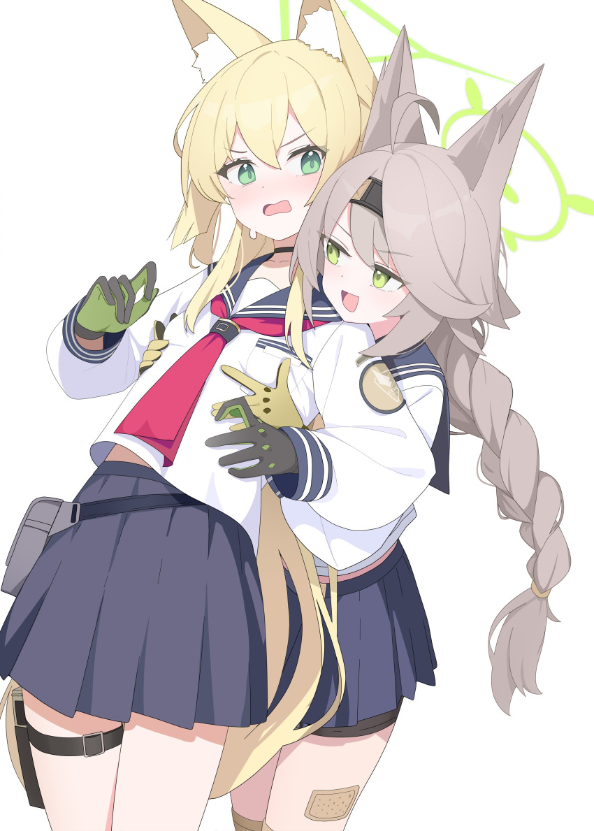 2girls absurdres ahoge animal_ear_fluff animal_ears black_hairband black_sailor_collar black_skirt blonde_hair blue_archive braid breast_pocket fox_ears gloves green_eyes green_gloves grey_gloves grey_hair hair_between_eyes hairband halo highres hukahire0120 kurumi_(blue_archive) long_hair long_sleeves looking_at_another multiple_girls neckerchief open_mouth otogi_(blue_archive) pleated_skirt pocket red_neckerchief sailor_collar shirt simple_background skirt standing thigh_strap two-tone_gloves white_background white_shirt yellow_gloves