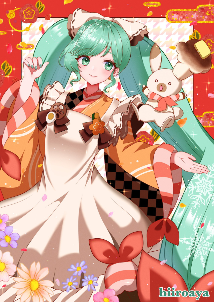 1girl apron artist_name blush border bow brown_kimono checkered_clothes checkered_kimono closed_mouth cowboy_shot dot_nose egasumi flower frilled_apron frills green_eyes green_hair green_nails hair_bow hatsune_miku head_tilt highres hiiroaya japanese_clothes kimono long_hair long_sleeves looking_at_viewer maid nail_polish open_hand orange_kimono ornate_border outside_border outstretched_arm purple_flower rabbit_yukine red_border smile snowflakes solo stitches swept_bangs twintails two-tone_kimono very_long_hair vocaloid wa_maid white_apron white_bow white_flower wide_sleeves yuki_miku yuki_miku_(2024)