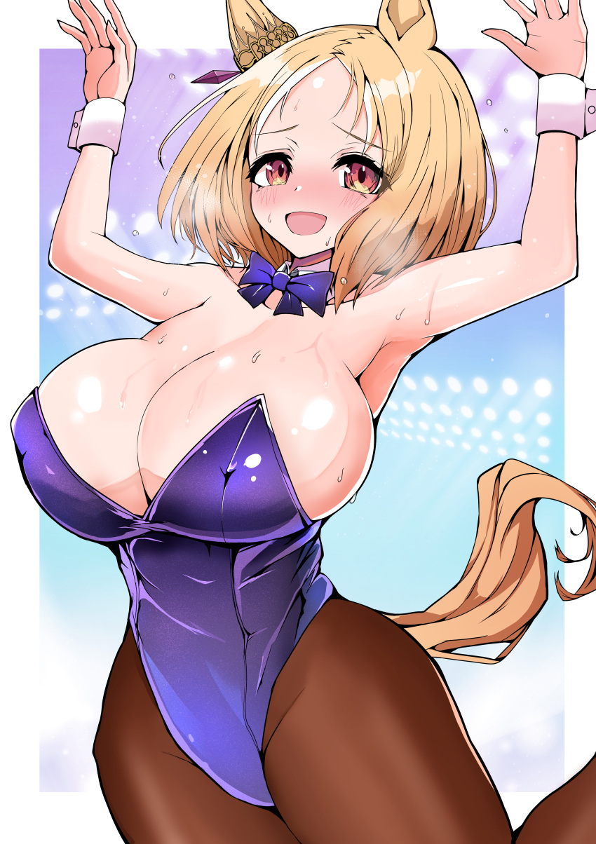 absurdres akizuki_shigure animal_ears arms_up blonde_hair blush border bow bowtie breasts check_commentary cleavage collar commentary commentary_request cuffs detached_collar ear_ornament embarrassed flying_sweatdrops gradient_background highres horse_ears horse_girl horse_tail huge_breasts jumping leggings leotard narita_top_road_(umamusume) nervous_smile open_mouth parted_bangs pink_eyes playboy_bunny short_hair sleeveless smile stage_lights steam sweat tail umamusume white_border wrist_cuffs