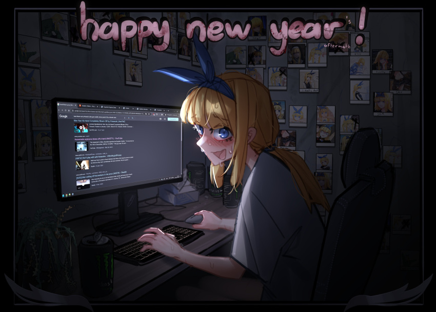 1girl absurdres alternate_costume blonde_girl_(popopoka) blonde_hair blue_eyes blue_hairband can energy_drink english_text hairband happy_new_year highres keyboard_(computer) long_hair looking_at_viewer monster_energy mouse_(computer) original photo_(object) ponytail popopoka shirt short_sleeves smile sweat