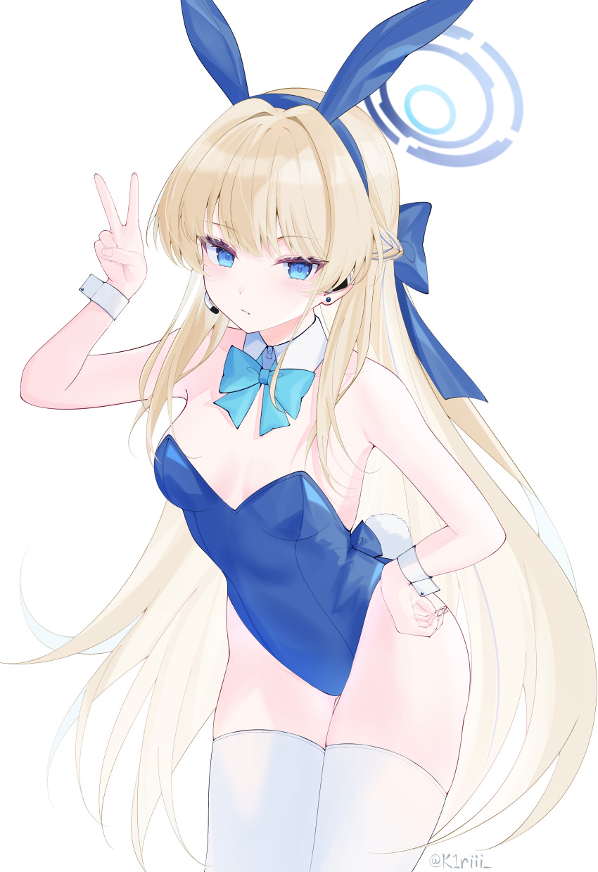 1girl absurdres animal_ears ass blonde_hair blue_archive blue_bow blue_bowtie blue_eyes blue_halo blue_leotard bow bowtie breasts closed_mouth cowboy_shot detached_collar fake_animal_ears halo highres kiriii leotard long_hair looking_at_viewer medium_breasts official_alternate_costume rabbit_ears simple_background solo strapless strapless_leotard thighhighs toki_(blue_archive) toki_(bunny)_(blue_archive) v white_background white_thighhighs wrist_cuffs