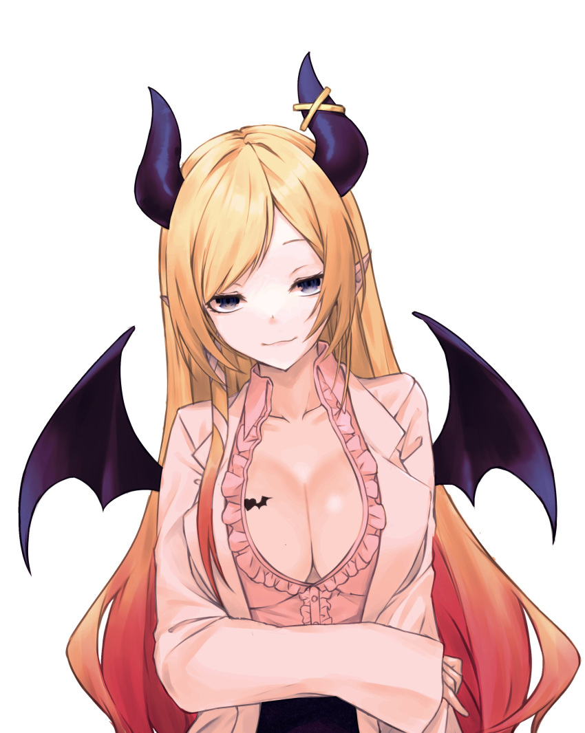 1girl absurdres alternate_eye_color bat_wings black_skirt blonde_hair blue_eyes breast_tattoo breasts center_frills cleavage closed_mouth coat demon_girl demon_horns demon_wings frilled_shirt frills gradient_hair hair_ribbon heart highres hololive horn_ornament horn_ring horns lab_coat large_breasts miniskirt multicolored_hair ocha_illust open_clothes open_coat pencil_skirt pink_hair pink_shirt pointy_ears ribbon shirt single_sidelock skirt solo tattoo tress_ribbon virtual_youtuber winged_heart winged_heart_tattoo wings yuzuki_choco yuzuki_choco_(1st_costume)