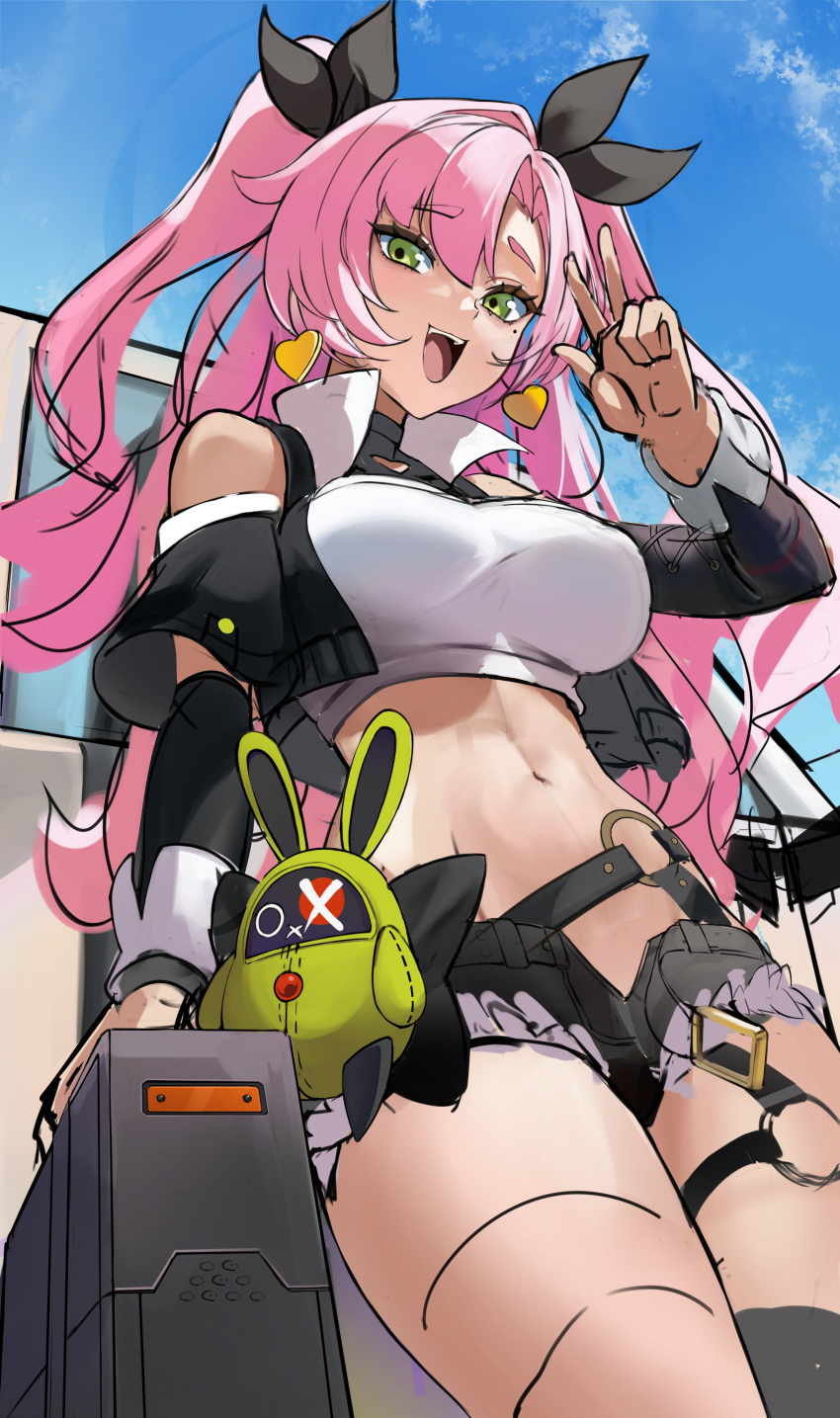 1girl :d absurdres aoi_13 bare_shoulders black_jacket black_ribbon black_shorts blue_sky breasts clothing_cutout cloud commentary cowboy_shot cutoffs day green_eyes hair_ribbon highres jacket large_breasts long_hair long_sleeves looking_at_viewer micro_shorts midriff navel nicole_demara open_clothes open_fly open_jacket open_mouth pink_hair ribbon shorts shoulder_cutout sky smile solo standing stomach strapless thighs tube_top two_side_up unfinished very_long_hair w zenless_zone_zero