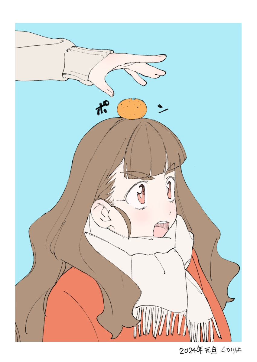 1girl 1other 2024 blush brown_hair coat commentary_request feet_out_of_frame food food_on_head fruit fruit_on_head highres idolmaster idolmaster_cinderella_girls kamiya_nao long_hair mandarin_orange object_on_head open_mouth pink_eyes scarf shikariyo sketch solo_focus