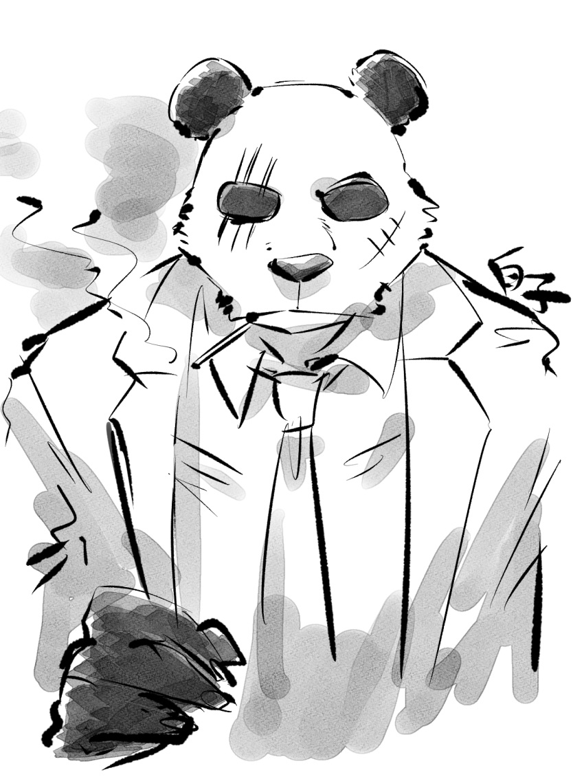 1boy beastars cropped_torso facing_viewer furry furry_male gouhin greyscale highres male_focus monochrome panda_boy scar shirako_(kirupi) shirt sketch smoking solo suit