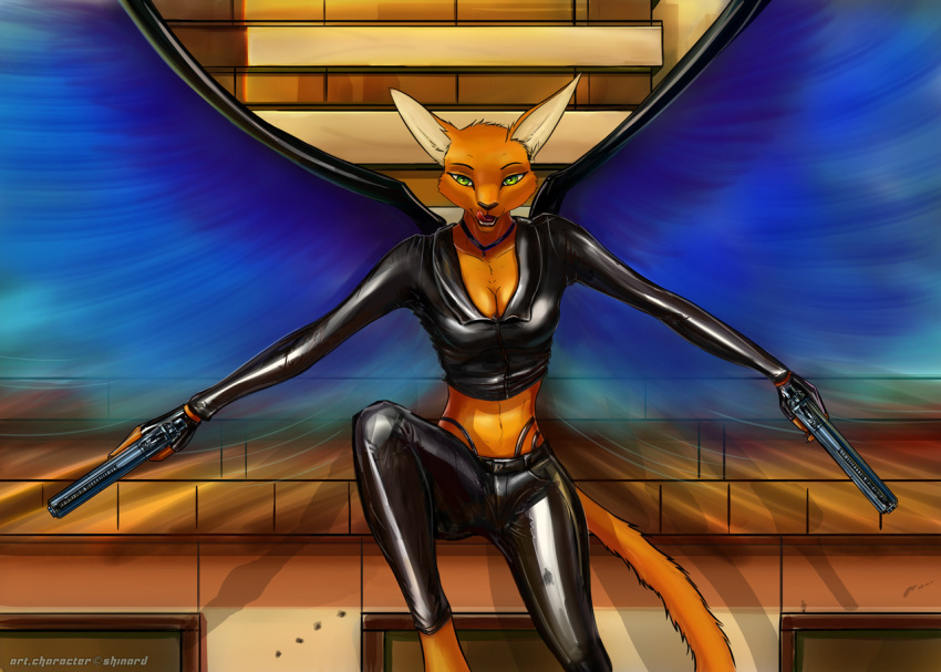 anthro black_angel bottomwear canid canine canis choker clothing collar comic digital_media_(artwork) digital_painting_(artwork) domestic_cat felid feline felis female fly_(disambiguation) fur glistening glistening_clothing gloves green_eyes gun handwear hybrid jackal jewelry kitty(black_angel) mammal necklace open_mouth pants pistols ranged_weapon roof rubber rubber_suit shinard solo teeth tongue toony top town vinyl weapon wings yellow_body yellow_fur