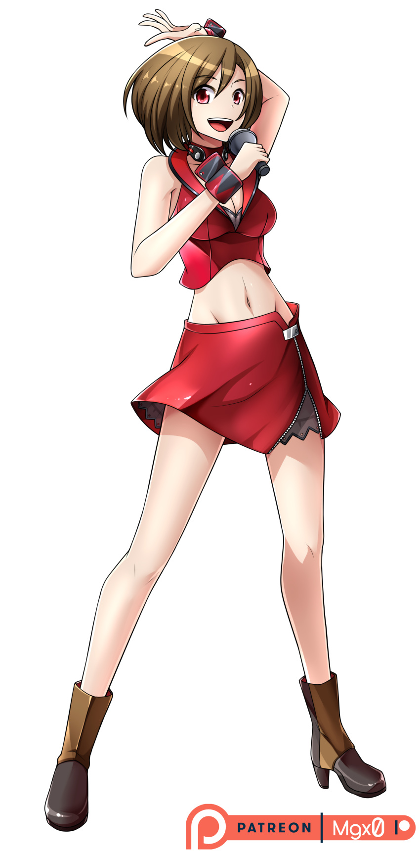 1girl :d absurdres arm_up bangs boots breasts brown_footwear brown_hair cleavage collarbone crop_top eyebrows_visible_through_hair full_body groin hair_between_eyes highres holding holding_microphone looking_at_viewer medium_breasts meiko mgx0 microphone midriff miniskirt navel open_mouth red_eyes red_skirt shiny shiny_hair short_hair simple_background skirt sleeveless smile solo standing stomach vocaloid white_background