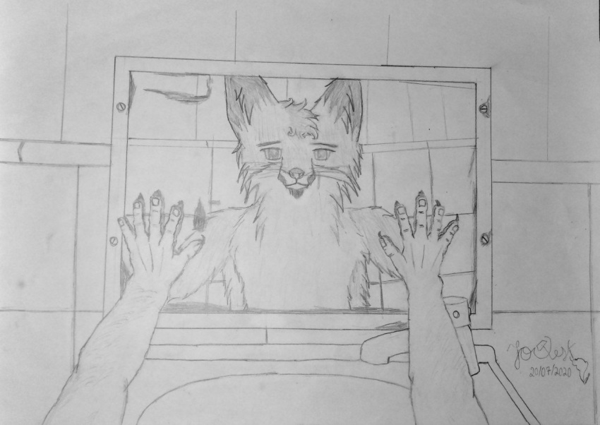 anthro bathroom canid canine fox human joseskvolpe linear male mammal mirror monochrome solo