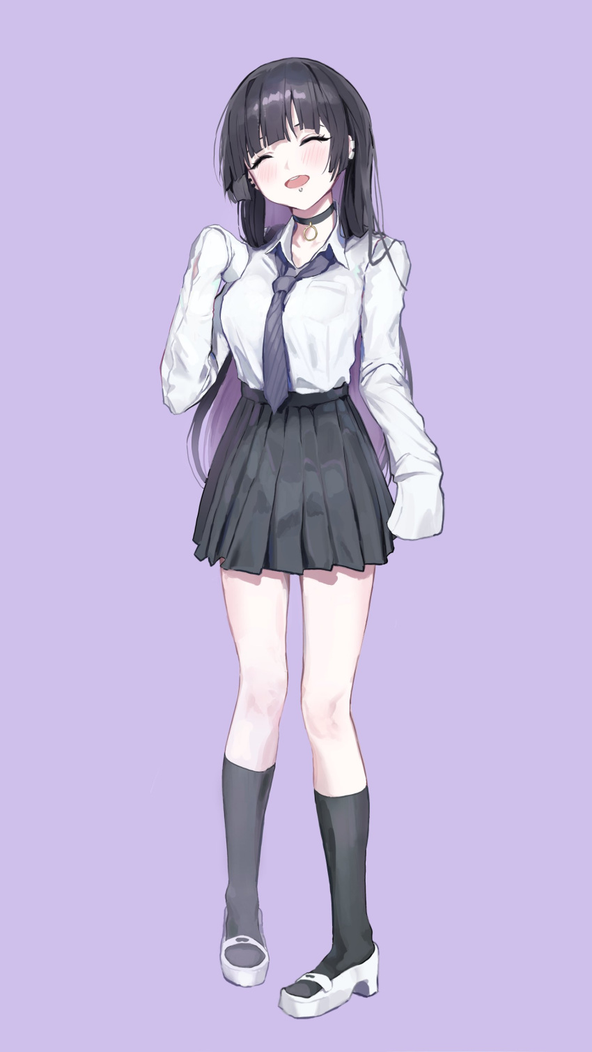 1girl absurdres black_hair black_skirt bocchi_the_rock! choker closed_eyes dotthebot earrings highres jewelry light_smile long_sleeves necktie pa-san piercing purple_background purple_hair school_uniform shirt simple_background skirt socks white_footwear white_shirt