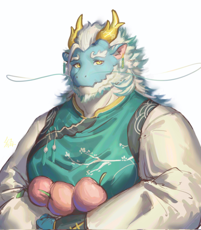 2024 alternate_costume aqua_skin bara beard chinese_zodiac colored_skin dragon_boy facial_hair food fruit full_beard furry furry_male highres holding holding_food long_mustache mature_male moaoxnx peach pectorals plump qinglong_(housamo) thick_beard tokyo_afterschool_summoners two-tone_beard unfinished year_of_the_dragon