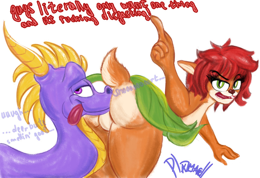 2024 absurd_res activision anthro aroused bent_over butt butt_sniffing clothed clothing deer digital_media_(artwork) dragon duo elora faun_(spyro) female feral hair hi_res horn humor male male/female mammal multicolored_body orange_body plazmacell purple_body red_hair satyr scalie short_tail simple_background smile sniffing spyro spyro_reignited_trilogy spyro_the_dragon tail text tongue tongue_out two_tone_body white_background