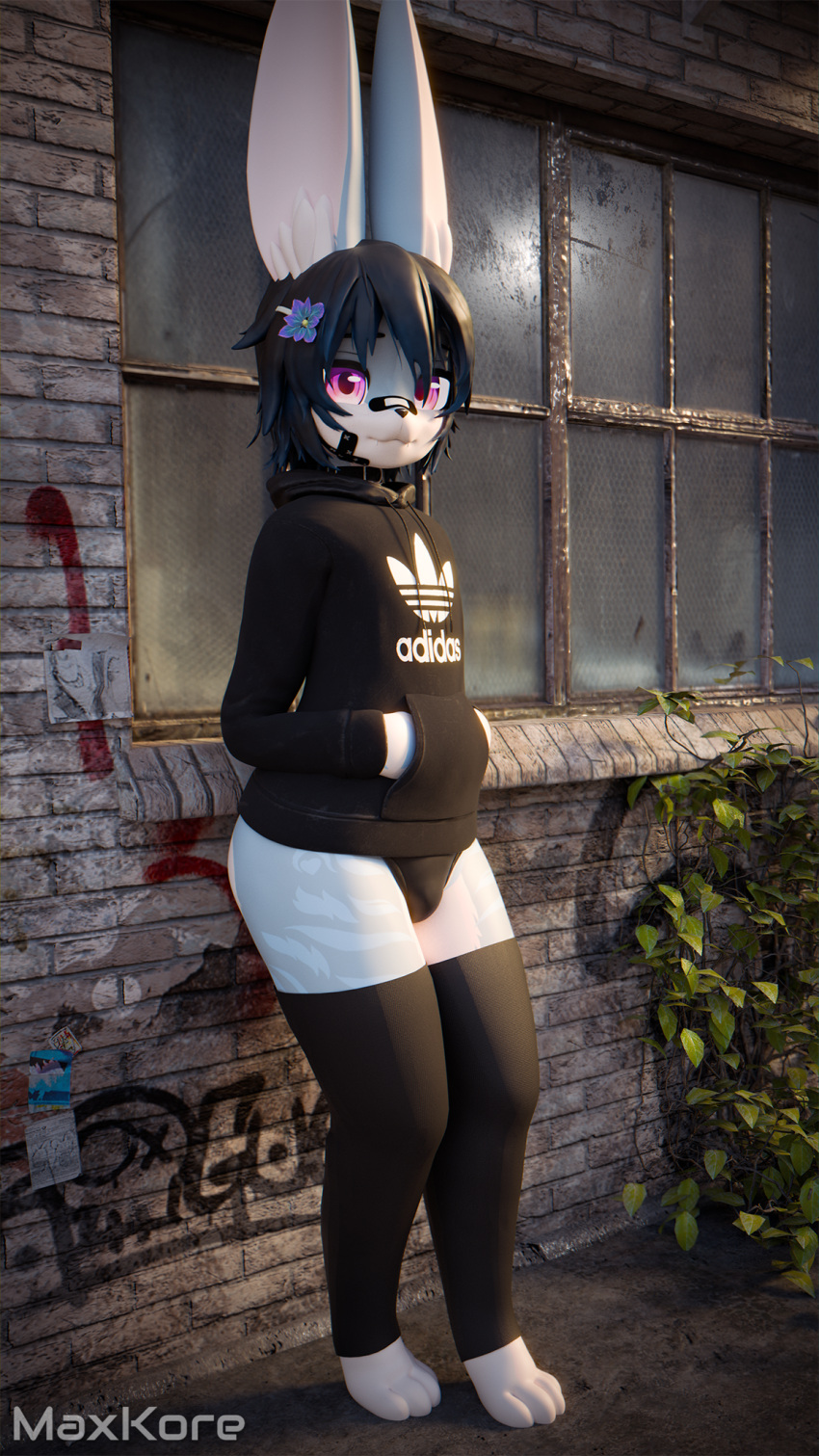 2024 3d_(artwork) 4_toes 9:16 adidas anthro band-aid band-aid_on_face bandage black_clothing black_hair blue_body blue_fur building bulge clothing collar digital_media_(artwork) feet flower_hair_accessory full-length_portrait fur girly hair hand_in_pocket hi_res highlights_(coloring) hoodie lagomorph leaning legwear leporid looking_at_viewer male mammal markings maxie_(maxkore) maxkore outside panties paws plant pockets portrait purple_eyes rabbit signature smile solo standing striped_markings stripes thigh_highs toes topwear underwear vines window