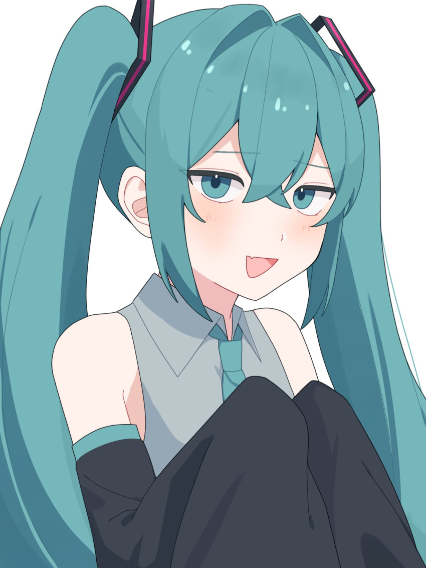 1girl :d bare_shoulders bentou_(bentou_1) black_sleeves blue_necktie blush collared_shirt crossed_bangs detached_sleeves fang grey_shirt hair_between_eyes hair_intakes hair_ornament hatsune_miku highres long_hair long_sleeves looking_at_viewer necktie open_mouth own_hands_together raised_eyebrows shirt sidelocks simple_background skin_fang sleeveless sleeveless_shirt sleeves_past_fingers sleeves_past_wrists smile solo twintails upper_body very_long_hair vocaloid white_background