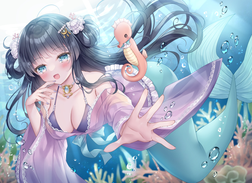 1girl :d air_bubble bikini bikini_under_clothes black_bikini black_hair blue_eyes breasts bubble cleavage commentary_request coral day fish floating_hair hair_rings japanese_clothes kimono kohinata_hoshimi long_hair long_sleeves looking_at_viewer medium_breasts mermaid monster_girl off_shoulder original outdoors purple_kimono seahorse shell_hair_ornament smile solo swimsuit underwater very_long_hair water wide_sleeves