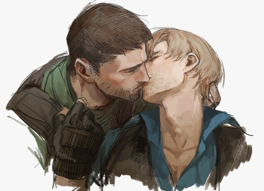 2boys adam's_apple bara beard_stubble brown_hair chris_redfield couple cropped_torso head_tilt highres imminent_kiss jianghesongmu leon_s._kennedy male_focus mature_male multiple_boys resident_evil shirt_tug short_hair sparse_stubble thick_eyebrows unfinished yaoi