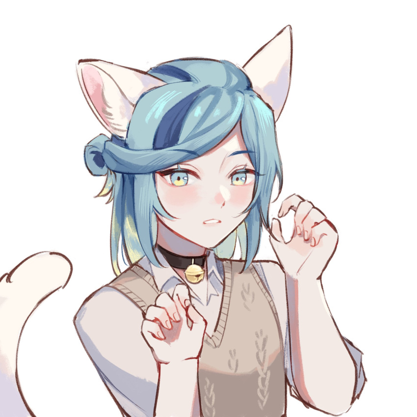 1girl animal_ears bell blue_eyes blue_hair cassiopeia19 cat_ears cat_girl cat_tail choker collar grusha_(pokemon) hair_between_eyes highres medium_hair multicolored_hair pokemon pokemon_sv shirt solo sweater_vest tail white_shirt