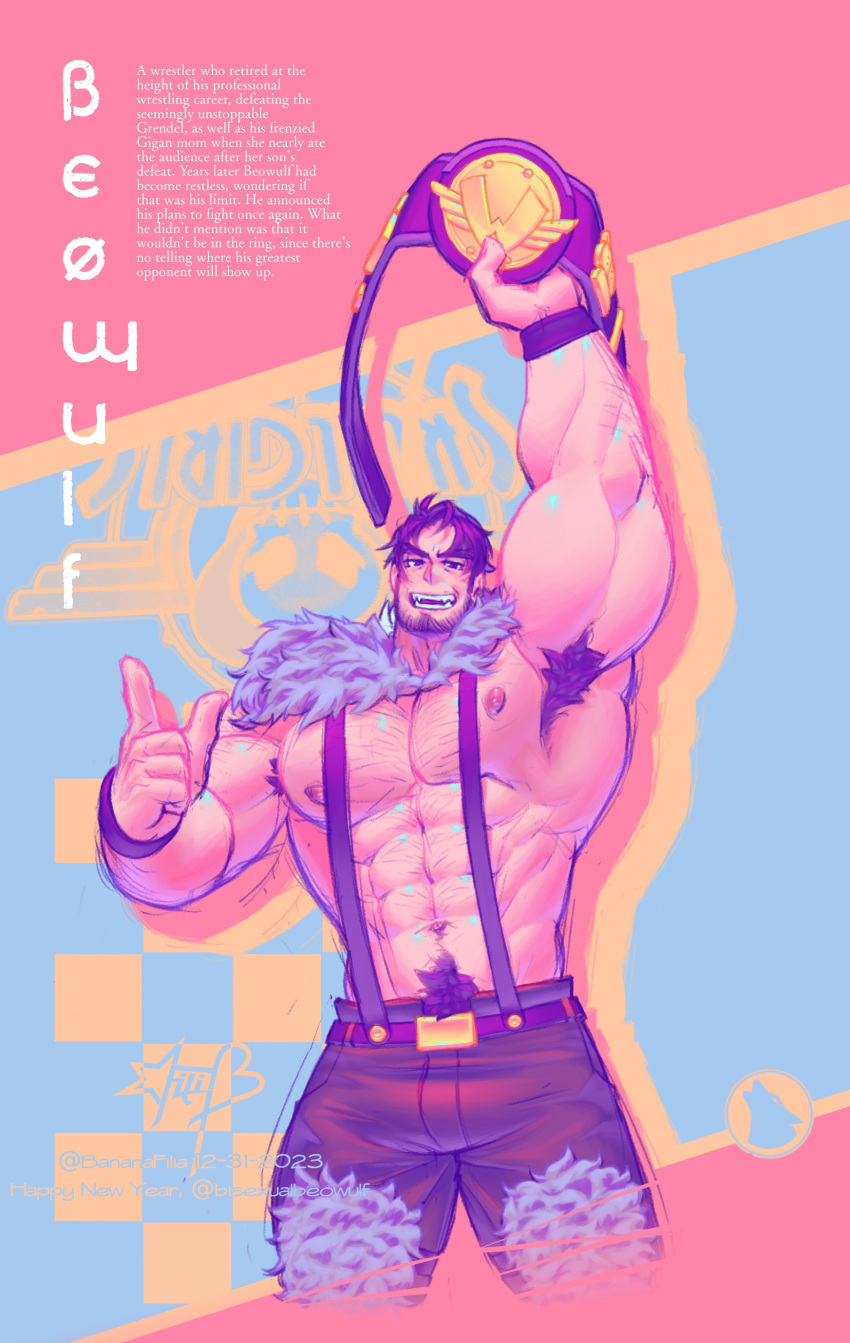 1boy absurdres arm_hair arm_up armpit_hair armpit_hair_peek bara beard beard_stubble beowulf_(skullgirls) black_hair bulge chest_hair cropped_legs excessive_armpit_hair facial_hair filia_(bananafilia) full_beard fur_(clothing) hairy highres holding_belt huge_pectorals index_finger_raised large_belt large_hands large_pectorals looking_at_viewer male_focus mature_male muscular muscular_male navel_hair nipples pectorals pelt pink_background short_hair skullgirls smile solo suspenders thick_arms thick_navel_hair two-tone_background