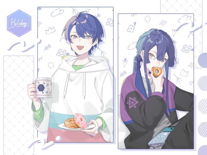 2boys black_jacket blunt_ends commentary_request crown cup doughnut drop_shadow eating english_text flower food green_shirt grey_shirt harusaki_air highres holding holding_cup holding_food holding_plate hood hoodie jacket long_hair long_sleeves looking_at_viewer male_focus multicolored_clothes multicolored_jacket multiple_boys nagao_kei nijisanji nintendo_switch open_mouth plate ponytail purple_eyes purple_hair purple_jacket ryou_(rl) shirt short_hair sidelocks smile teeth two-tone_jacket upper_body upper_teeth_only virtual_youtuber white_hoodie