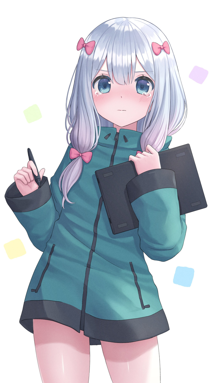 1girl absurdres blue_eyes blush bow closed_mouth eromanga_sensei green_jacket hair_bow highres holding holding_stylus holding_tablet_pc izumi_sagiri jacket long_hair long_sleeves looking_at_viewer pink_bow seungju_lee solo standing stylus tablet_pc tears thighs white_background white_hair