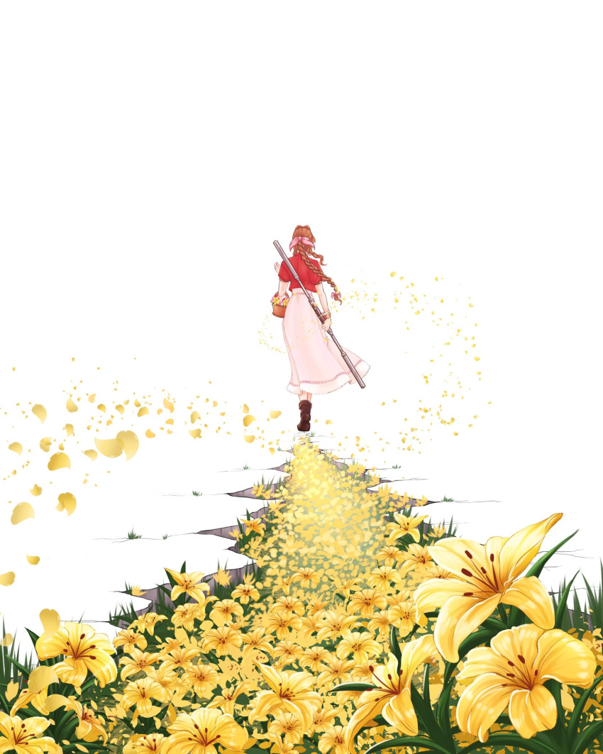 1girl aerith_gainsborough boots bracelet braid braided_ponytail brown_hair crack cracked_floor cropped_jacket dress final_fantasy final_fantasy_vii final_fantasy_vii_remake flower flower_basket from_behind grass hair_flower hair_ornament highres holding holding_staff jacket jewelry mage_staff meli_sketch petals pink_dress red_jacket simple_background solo staff walking yellow_flower
