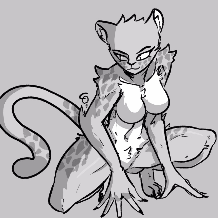 1:1 anthro breasts capaoculta cheetah cheetah_(dc) crotch_tuft crouching dc_comics featureless_breasts felid feline female front_view full-length_portrait grey_background greyscale hi_res humanoid_hands justice_league mammal monochrome portrait simple_background solo spots tuft