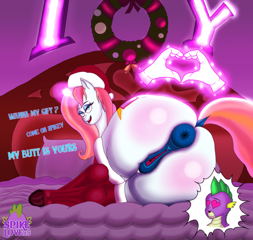 &lt;3 &lt;3_eyes absurd_res anthro anus bed bedroom_sex big_butt blush body_blush butt butt_blush christmas christmas_clothing clothing dragon duo ejaculation equid equine fan_character female friendship_is_magic furniture genitals hands-free happy happy_sex hasbro hi_res holidays horse hybrid intersex intersex/female intersex/male looking_at_viewer looking_pleasured lying lying_on_bed magic male male/female maleherm mammal my_little_pony new_year on_bed on_side pink_light pony presenting presenting_hindquarters princess_light_flight_(oc) pussy sex spike_(mlp) spikelove15 tail wreath