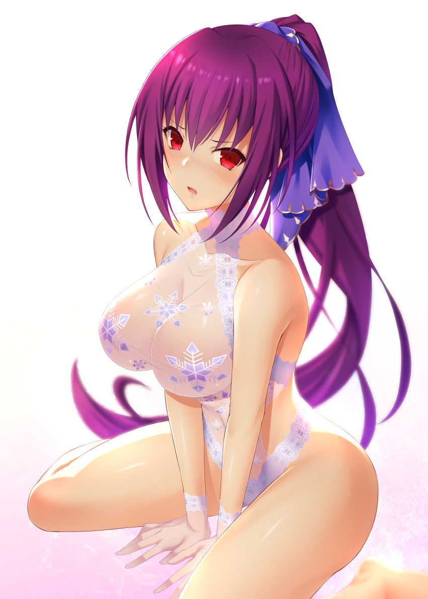 1girl absurdres arm_support bare_shoulders blurry blush breasts collarbone depth_of_field emanon123 fate/grand_order fate_(series) frown gloves gradient_background hair_between_eyes hair_ribbon halterneck headpiece highres large_breasts leotard long_hair looking_at_viewer open_mouth ponytail purple_hair purple_ribbon red_eyes ribbon scathach_(fate) scathach_skadi_(fate) sitting snowflake_print solo thighs tiara wariza white_background white_gloves white_leotard