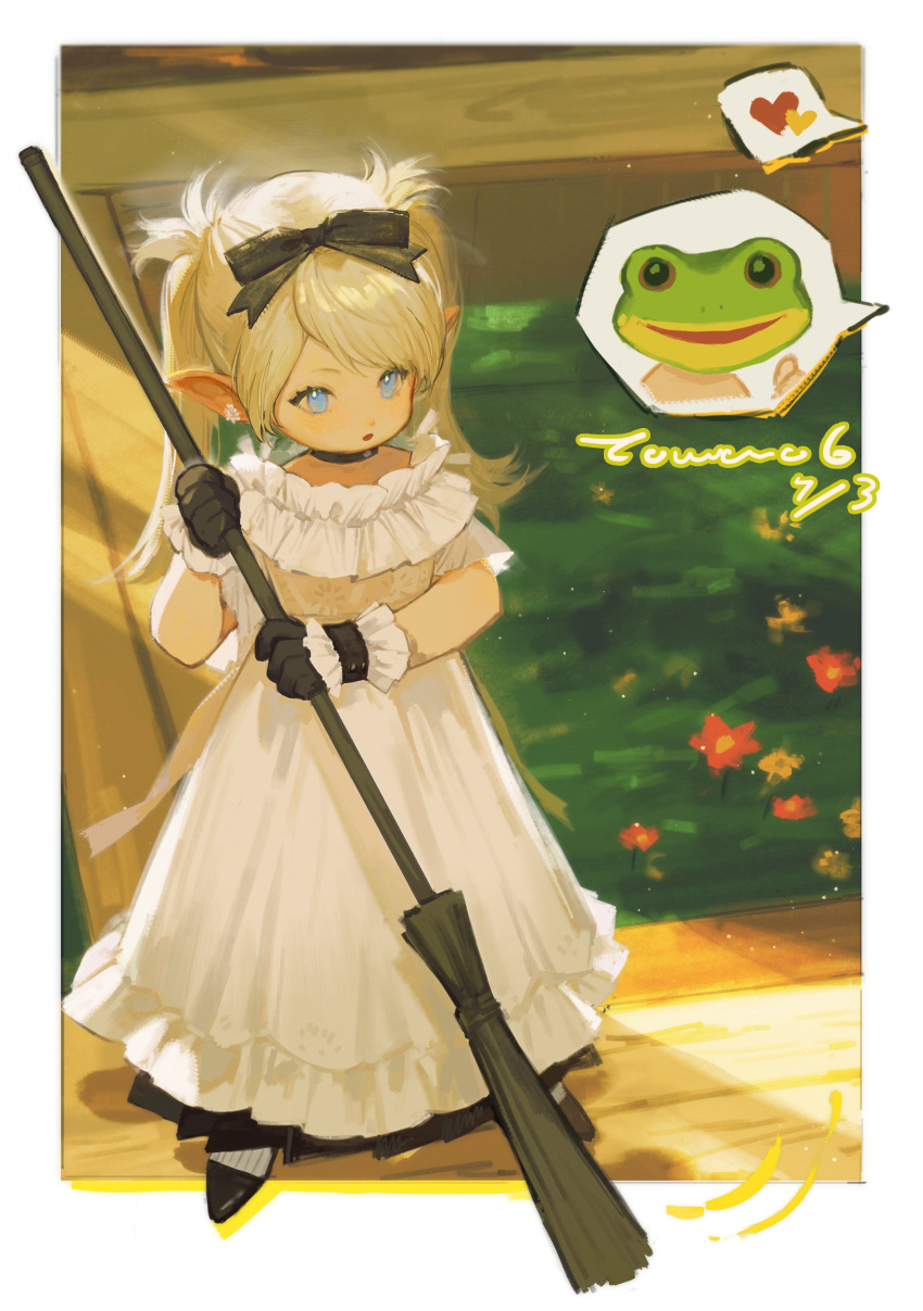 1girl absurdres black_choker black_footwear black_gloves black_ribbon blonde_hair blue_eyes broom choker dress earrings final_fantasy final_fantasy_xiv flower frog_mask full_body gloves grass hair_ribbon heart highres holding holding_broom jewelry lalafell long_hair looking_at_another maid pointy_ears ribbon signature solo speech_bubble sunlight towero6 twintails two-tone_wristband white_dress wooden_floor wristband