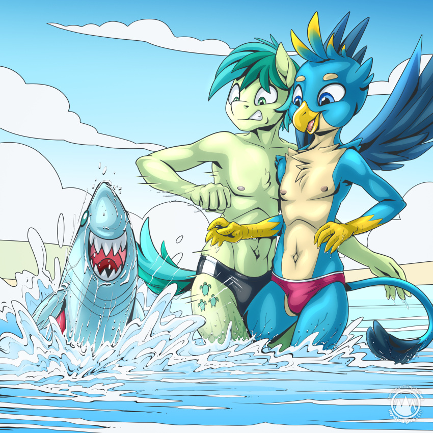 absurd_res anthro anthrofied avian beach blue_body blue_eyes blue_fur bulge chest_tuft clothing earth_pony equid equine female fish fur gallus_(mlp) gryphon hasbro hi_res horse male mammal marine my_little_pony mysticalpha mythological_avian mythology navel ocellus_(mlp) pony sandbar_(mlp) sea seaside shark swimwear talon_hands tuft turquoise_hair water wings