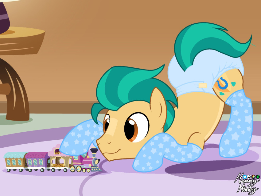 brown_eyes clothed clothing cutie_mark diaper diaper_fetish earth_pony equid equine feral footwear fur green_hair green_tail hair hasbro hi_res hitch_trailblazer_(mlp) horse infantilism male mammal mlp_g5 mommymidday my_little_pony playing pony quadruped socks solo star star_socks tail toy toy_train train vehicle wearing_diaper yellow_body yellow_fur