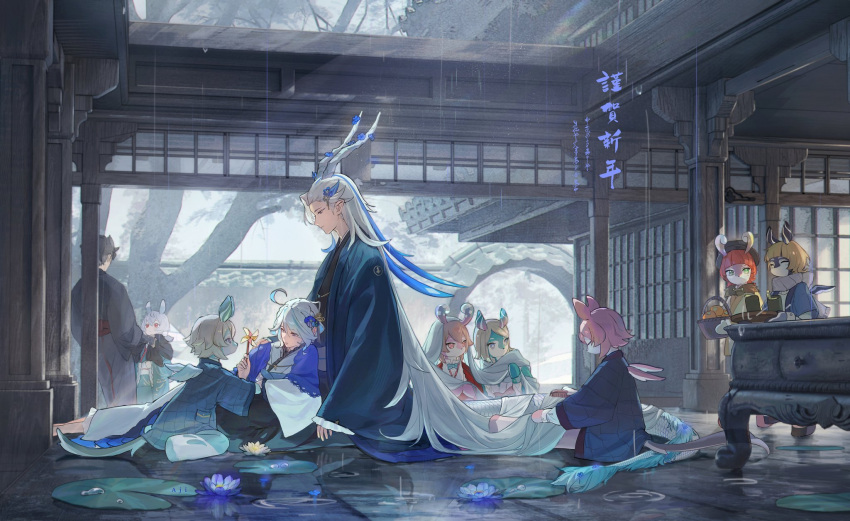 2boys 6+girls ^_^ absurdly_long_hair aeval_(genshin_impact) ahoge aji_11300913 aqua_bow aqua_bowtie architecture asymmetrical_hair basket black_hair black_headwear black_kimono blathine_(genshin_impact) blue_coat blue_hair blunt_bangs bow bowtie brown_hair brushing_another's_hair brushing_hair closed_eyes closed_mouth coat comb commentary_request crossed_bangs cup dragon_boy dragon_horns dragon_tail east_asian_architecture elphane_(genshin_impact) flower food frilled_kimono frills fruit furina_(genshin_impact) genshin_impact green_eyes hair_between_eyes hair_flower hair_ornament hand_up haori hat highres holding holding_basket holding_comb holding_pinwheel holding_tray horns japanese_clothes kanzashi kimono lattice liath_(genshin_impact) light_brown_hair lily_pad long_hair long_sleeves looking_down low_twintails medium_hair melusine_(genshin_impact) multicolored_hair multiple_boys multiple_girls neuvillette_(genshin_impact) orange_(fruit) parted_bangs pink_eyes pinwheel pom_pom_(clothes) pom_pom_hair_ornament purple_eyes purple_scarf rain red_hair rhemia_(genshin_impact) scarf sedene_(genshin_impact) short_hair short_twintails sigewinne_(genshin_impact) sitting sleeves_past_wrists smile streaked_hair swept_bangs table tail translation_request tray tree twintails very_long_hair wariza water water_lily_flower white_hair white_kimono wide_sleeves wings wriothesley_(genshin_impact) yellow_flower yunomi