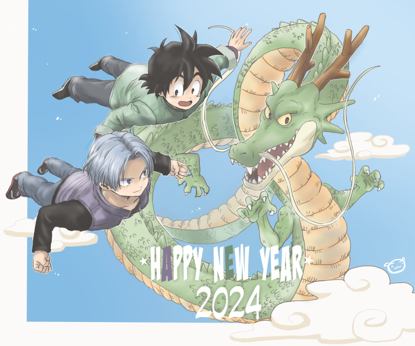 2024 2boys ayata-haikyu black_footwear black_horns blue_hair blue_sky border clenched_hand cloud denim dragon dragon_ball dragon_ball_super dragon_ball_super_super_hero dragon_horns eastern_dragon fangs fantasy flying happy_new_year highres horns jeans male_focus multiple_boys pants saiyan sky son_goten trunks_(dragon_ball) white_border