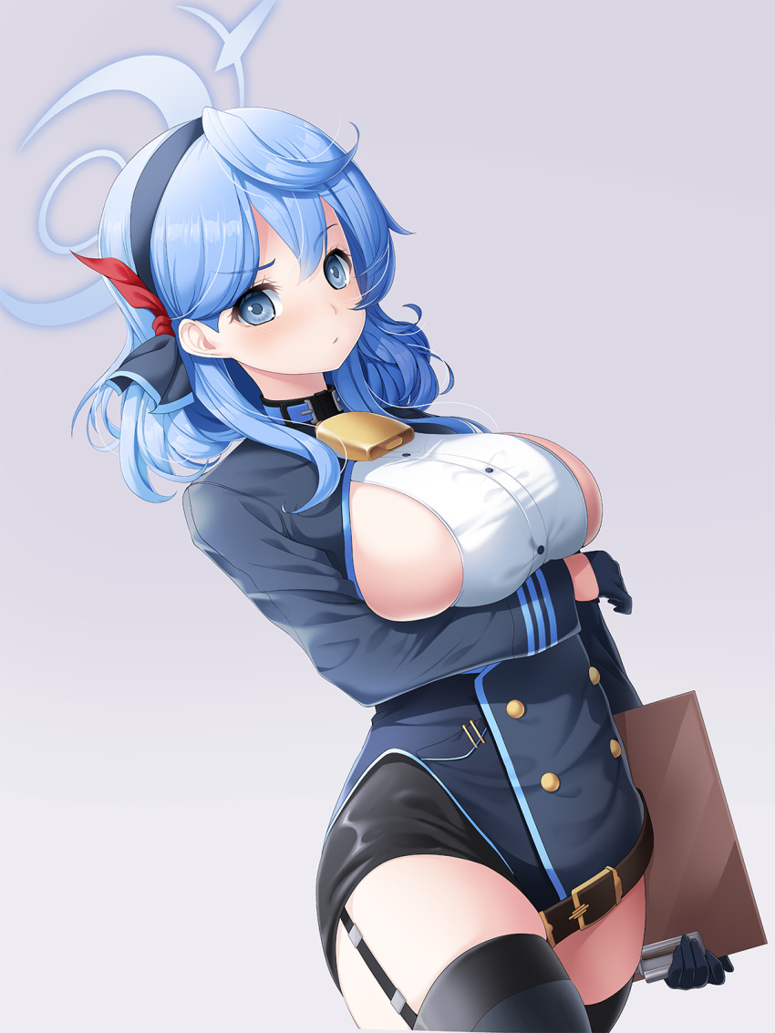 1girl ako_(blue_archive) bell belt black_belt black_hairband black_jacket black_skirt black_thighhighs blue_archive blue_eyes blue_hair blue_halo blush breasts closed_mouth grey_background hairband halo highres jacket koflif large_breasts long_hair long_sleeves looking_at_viewer neck_bell pencil_skirt sideboob simple_background skirt solo thighhighs