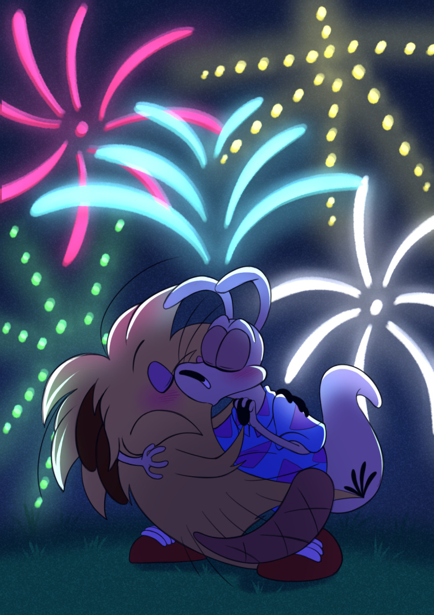 2024 8-bit-britt anthro beaver beaver_tail black_nose blue_clothing blue_shirt blue_topwear blush brown_clothing brown_footwear brown_shoes brown_tail clothing digital_media_(artwork) duo eyes_closed fireworks footwear front_view fur grass hand_holding hand_on_shoulder hi_res holidays kissing long_ears macropod male male/male mammal marsupial multicolored_clothing multicolored_shirt multicolored_topwear new_year new_year_2024 nickelodeon norbert_beaver outside plant purple_clothing purple_shirt purple_topwear rocko's_modern_life rocko_rama rodent shirt shoes tail tan_body tan_ears tan_fur tan_tail the_angry_beavers topwear two_tone_clothing two_tone_shirt two_tone_topwear wallaby yellow_body yellow_fur