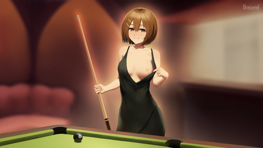 8-ball absurdres artist_name ball billiard_ball black_dress blurry blurry_background breasts brown_eyes brown_hair closed_mouth commission cue_stick dreizerel dress hair_between_eyes hair_ornament hairclip highres hirasawa_yui holding_cue_stick indoors k-on! medium_breasts nipples no_bra pool_table presenting short_hair sleeveless sleeveless_dress smile spaghetti_strap table watermark