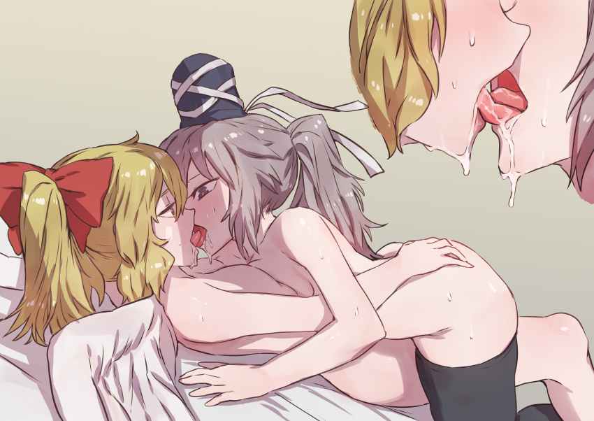 2girls black_headwear blonde_hair blue_eyes bow breasts breasts_squeezed_together commission commissioner_upload completely_nude french_kiss gengetsu_(touhou) grey_hair hair_bow hand_on_another's_back hat heart heart-shaped_pupils highres kiss mononobe_no_futo multiple_girls nude on_bed ponytail red_bow saliva saliva_drip senmura simple_background skeb_commission sweat sweatdrop symbol-shaped_pupils tate_eboshi thighhighs tongue tongue_out touhou touhou_(pc-98) white_wings wings yuri