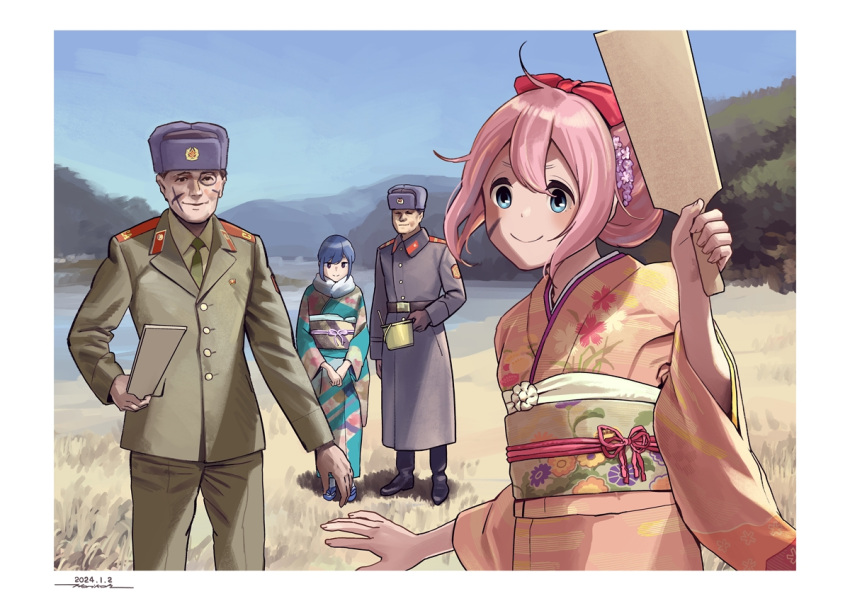 2boys 2girls blue_eyes blue_hair blue_kimono border dated floral_print_kimono fur_hat green_jacket green_necktie green_pants grey_jacket hammer_and_sickle hat horikou jacket japanese_clothes kagamihara_nadeshiko kimono looking_at_viewer military_uniform multiple_boys multiple_girls necktie pants pink_hair pink_kimono scar scar_on_face shima_rin shirt smile soviet_army uniform ushanka white_border yellow_shirt yurucamp