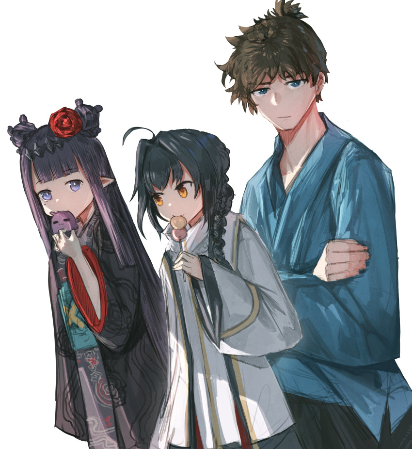 1boy 1girl 1other absurdres advarcher ahoge black_hair blue_eyes bocchan_dango brown_eyes brown_hair crossed_arms dango double_bun eating english_commentary fate/samurai_remnant fate_(series) flower food hair_bun hair_flower hair_ornament highres hololive hololive_english long_hair long_sleeves looking_ahead looking_at_viewer miyamoto_iori_(fate) mole mole_under_eye ninomae_ina'nis ninomae_ina'nis_(new_year) pointy_ears purple_eyes purple_hair saber_(fate/samurai_remnant) simple_background takodachi_(ninomae_ina'nis) virtual_youtuber wagashi white_background