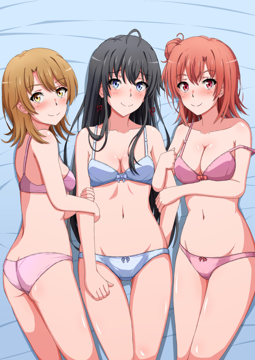 3girls ahoge ass ass_visible_through_thighs bed_sheet black_hair blue_bra blue_eyes blue_panties blush bow bow_bra bow_panties bra breasts cleavage closed_mouth collarbone hair_bun hair_ribbon highres holding_another's_arm isshiki_iroha konoyan light_smile long_hair looking_at_viewer lying medium_breasts medium_hair multiple_girls navel on_back on_side orange_hair panties pink_bra pink_panties red_eyes ribbon single_hair_bun single_side_bun small_breasts strap_slip underwear underwear_only yahari_ore_no_seishun_lovecome_wa_machigatteiru. yellow_eyes yuigahama_yui yukinoshita_yukino