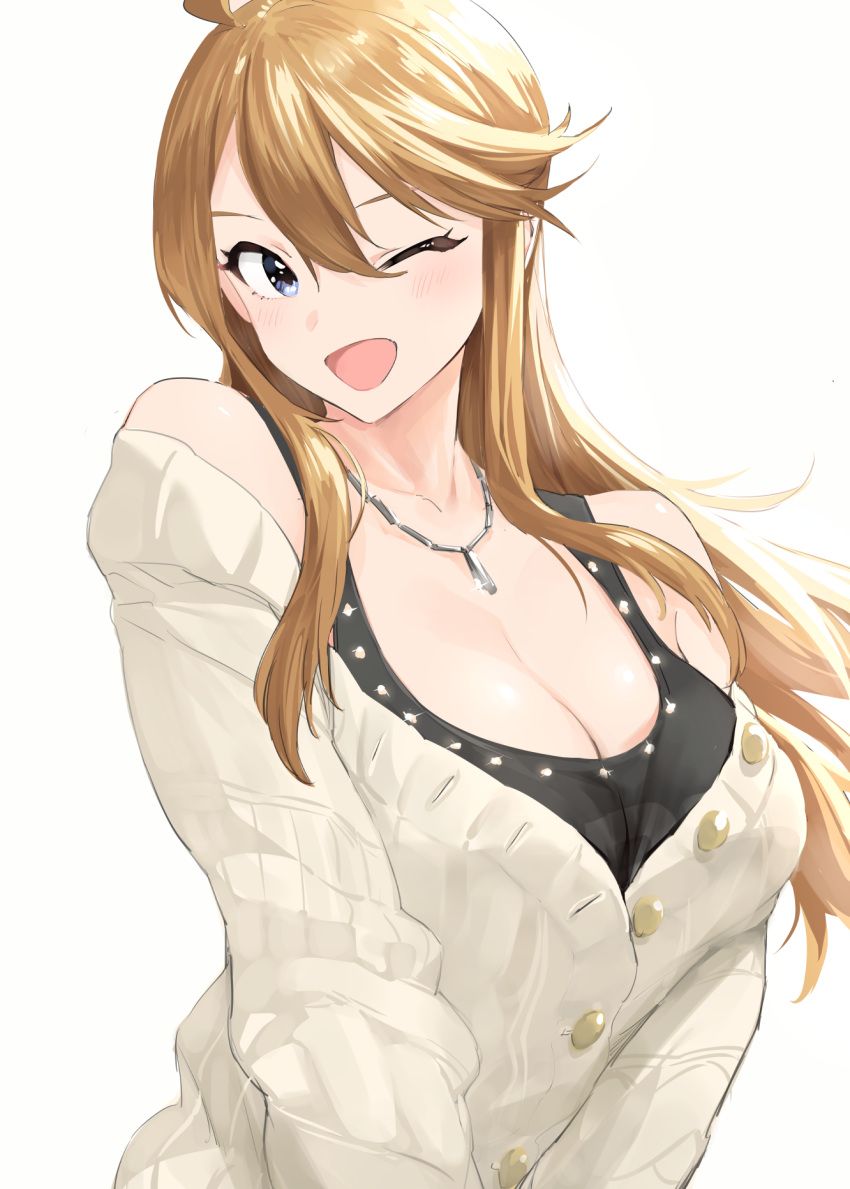 ahoge breasts brown_hair cleavage collarbone goshiki_suzu grey_eyes hair_between_eyes highres idolmaster idolmaster_million_live! idolmaster_million_live!_theater_days jewelry large_breasts long_hair long_sleeves looking_at_viewer necklace one_eye_closed open_mouth simple_background smile sweater tokoro_megumi upper_body white_background white_sweater